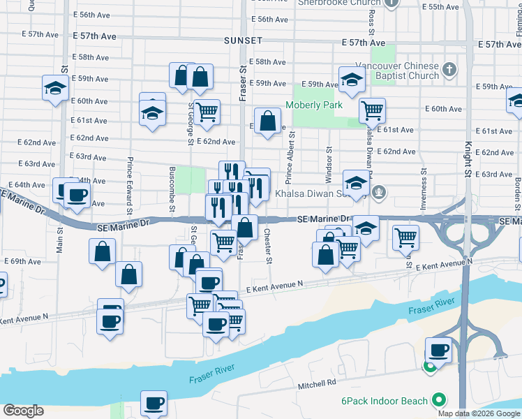 map of restaurants, bars, coffee shops, grocery stores, and more near 8181 Chester Street in Vancouver