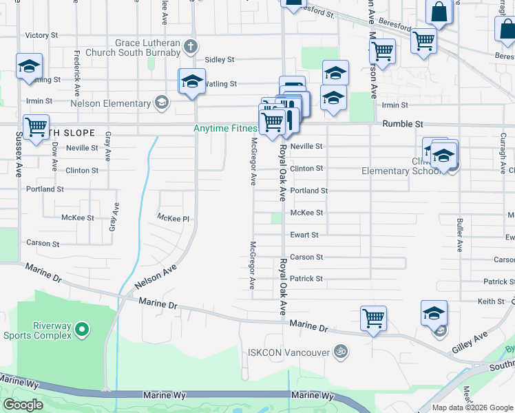 map of restaurants, bars, coffee shops, grocery stores, and more near 5105 McKee Street in Burnaby