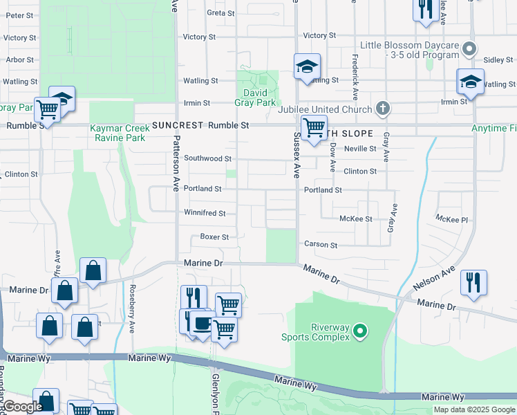 map of restaurants, bars, coffee shops, grocery stores, and more near 8007 Bradley Avenue in Burnaby
