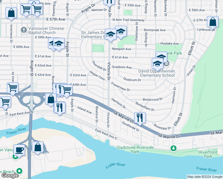 map of restaurants, bars, coffee shops, grocery stores, and more near 7988 Victoria Drive in Vancouver