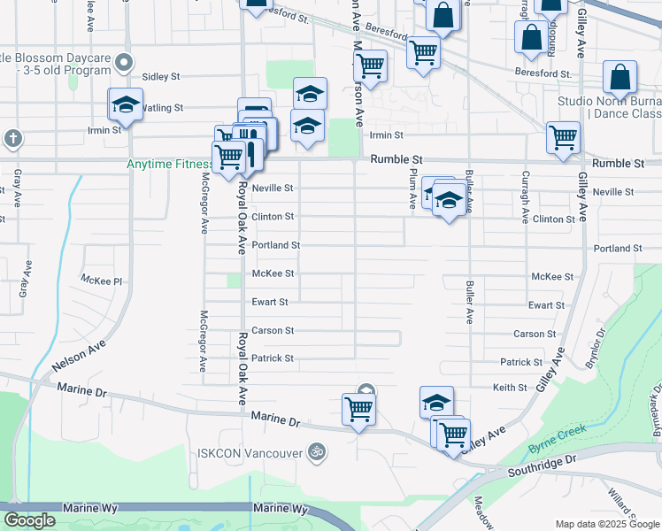 map of restaurants, bars, coffee shops, grocery stores, and more near 5511 McKee Street in Burnaby