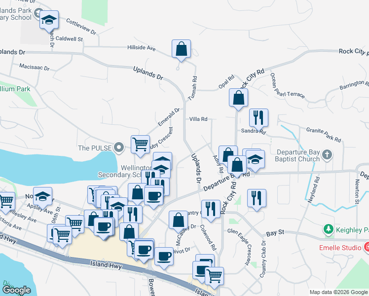 map of restaurants, bars, coffee shops, grocery stores, and more near 3211 Uplands Drive in Nanaimo