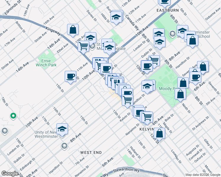 map of restaurants, bars, coffee shops, grocery stores, and more near 836 12th Street in New Westminster