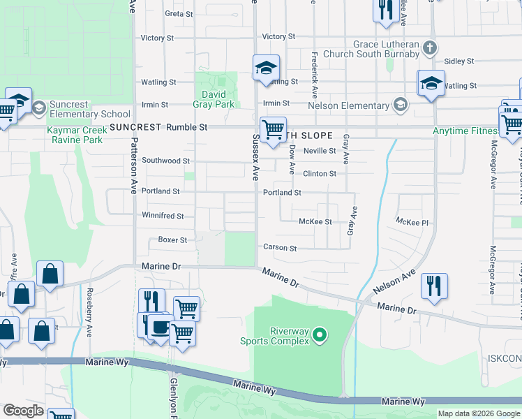 map of restaurants, bars, coffee shops, grocery stores, and more near 7988 Sussex Avenue in Burnaby