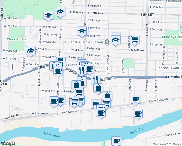 map of restaurants, bars, coffee shops, grocery stores, and more near in Vancouver