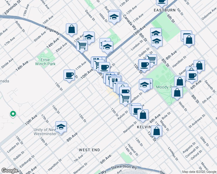map of restaurants, bars, coffee shops, grocery stores, and more near 836 12th Street in New Westminster