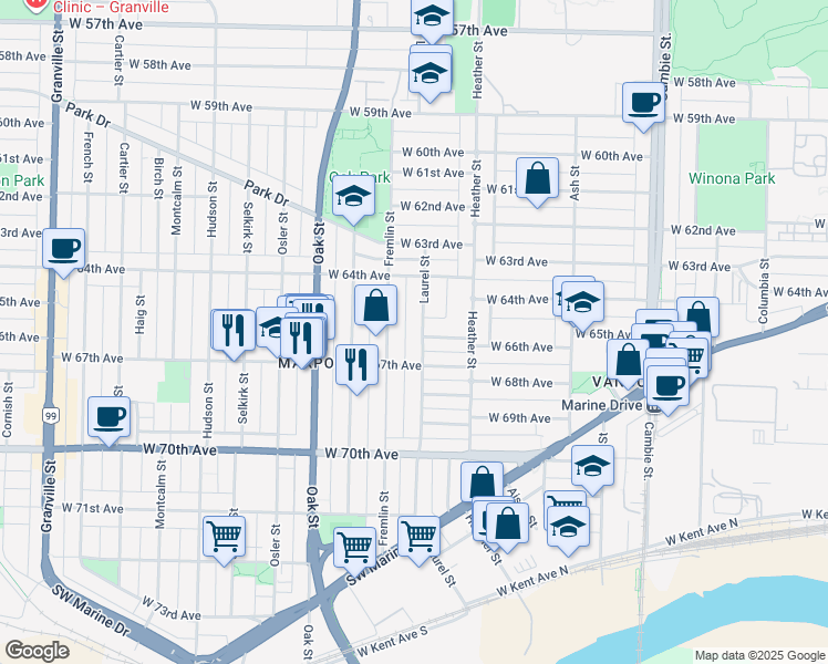 map of restaurants, bars, coffee shops, grocery stores, and more near 8191 Laurel Street in Vancouver