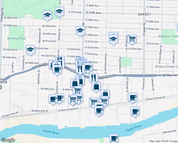 map of restaurants, bars, coffee shops, grocery stores, and more near 260 East 65th Avenue in Vancouver