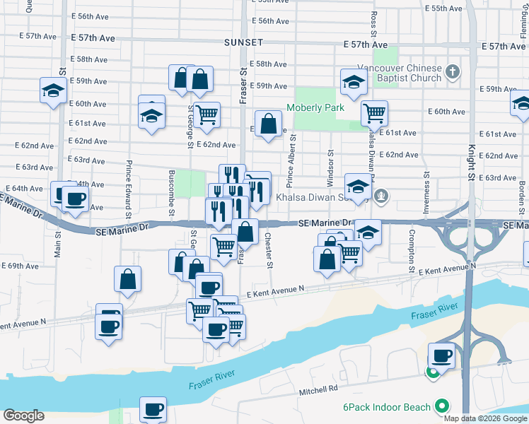 map of restaurants, bars, coffee shops, grocery stores, and more near 8181 Chester Street in Vancouver