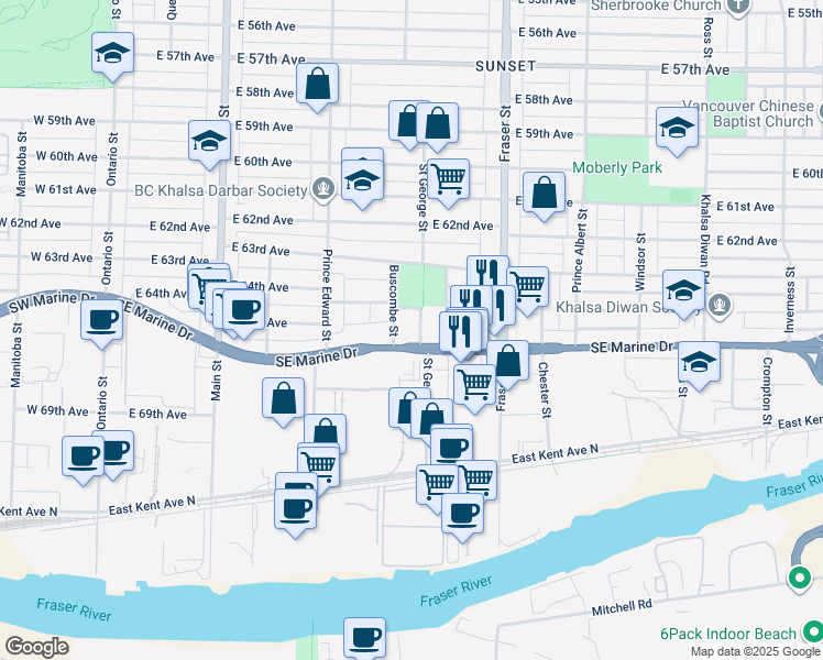 map of restaurants, bars, coffee shops, grocery stores, and more near 8125 Saint George Street in Vancouver