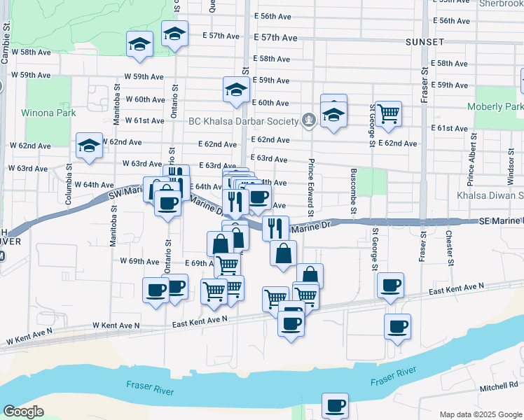 map of restaurants, bars, coffee shops, grocery stores, and more near 262 East 65th Avenue in Vancouver