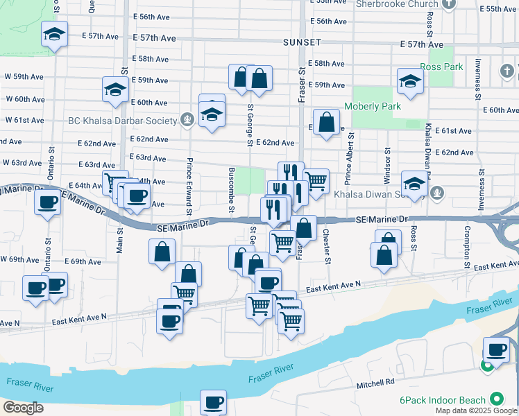 map of restaurants, bars, coffee shops, grocery stores, and more near 8125 Poplar Street in Vancouver