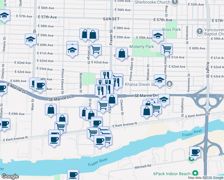 map of restaurants, bars, coffee shops, grocery stores, and more near 8138 Fraser Street in Vancouver