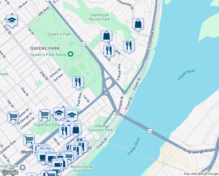 map of restaurants, bars, coffee shops, grocery stores, and more near 11 Royal Avenue in New Westminster