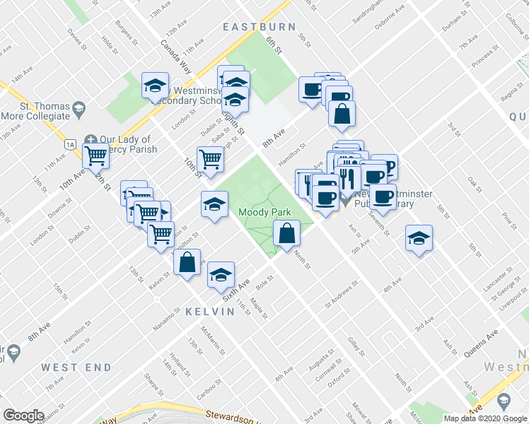 map of restaurants, bars, coffee shops, grocery stores, and more near 600 8th Street in New Westminster