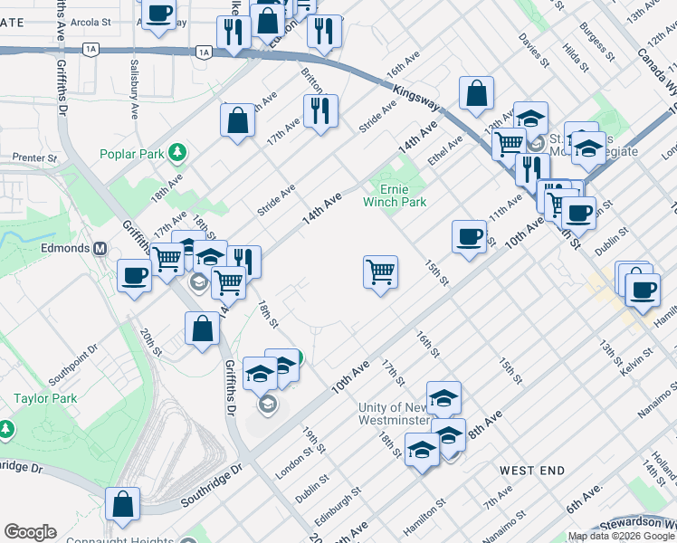 map of restaurants, bars, coffee shops, grocery stores, and more near 7201 11th Avenue in Burnaby