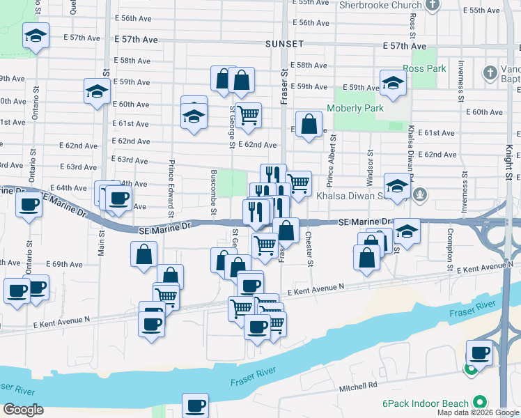 map of restaurants, bars, coffee shops, grocery stores, and more near in Vancouver