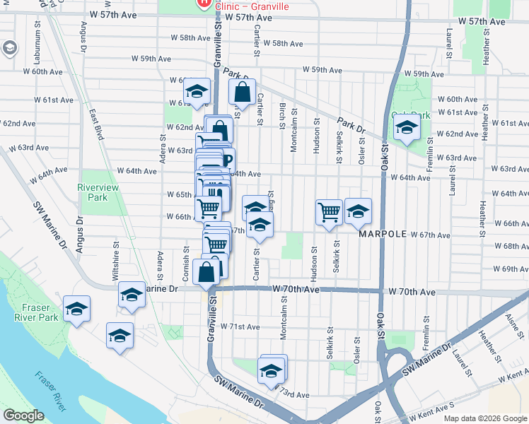 map of restaurants, bars, coffee shops, grocery stores, and more near 8192 Cartier Street in Vancouver