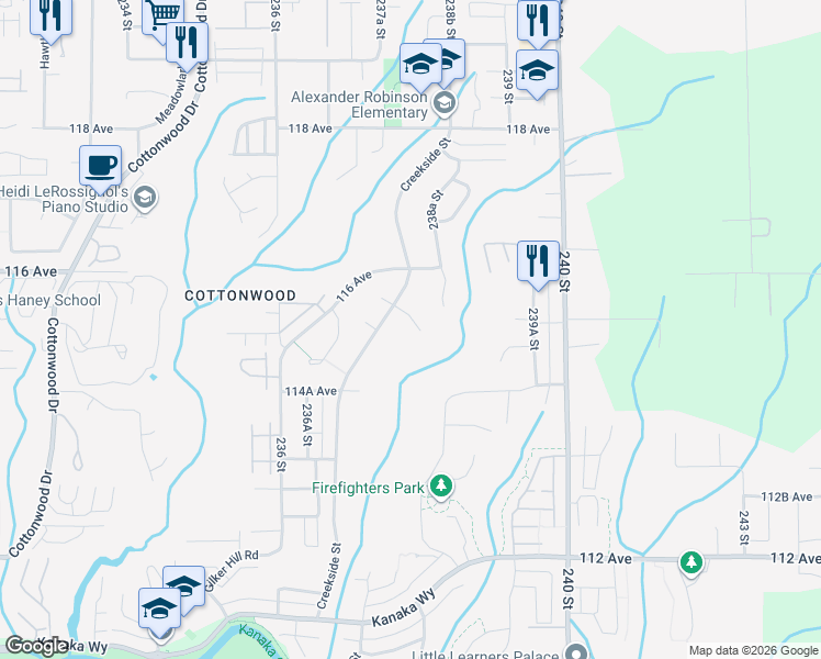 map of restaurants, bars, coffee shops, grocery stores, and more near 23782 115A Avenue in Maple Ridge