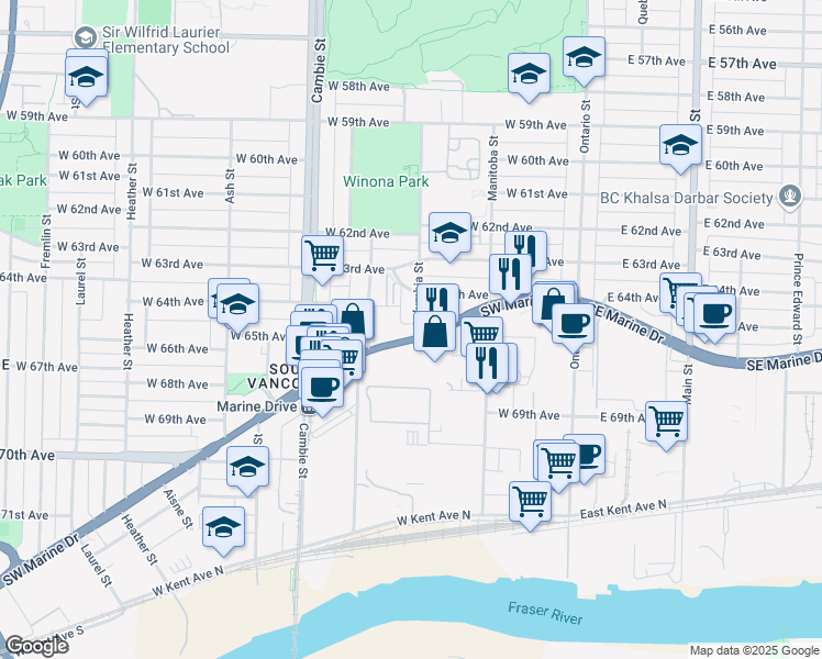 map of restaurants, bars, coffee shops, grocery stores, and more near 305 Southwest Marine Drive in Vancouver