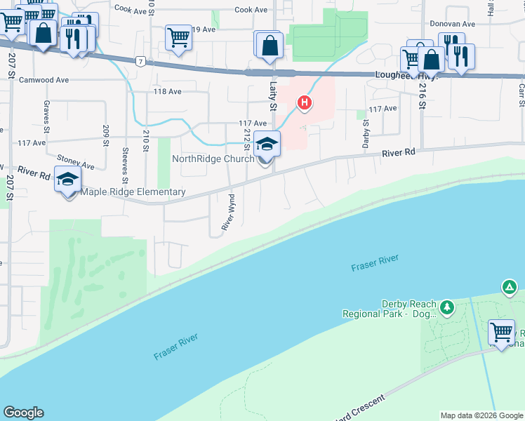 map of restaurants, bars, coffee shops, grocery stores, and more near 11502 Wood Street in Maple Ridge