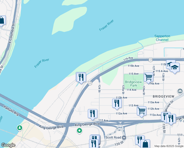 map of restaurants, bars, coffee shops, grocery stores, and more near 12351 Industrial Road in Surrey