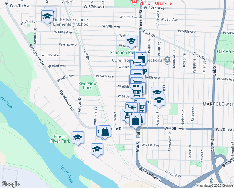 map of restaurants, bars, coffee shops, grocery stores, and more near 1595 West 66th Avenue in Vancouver