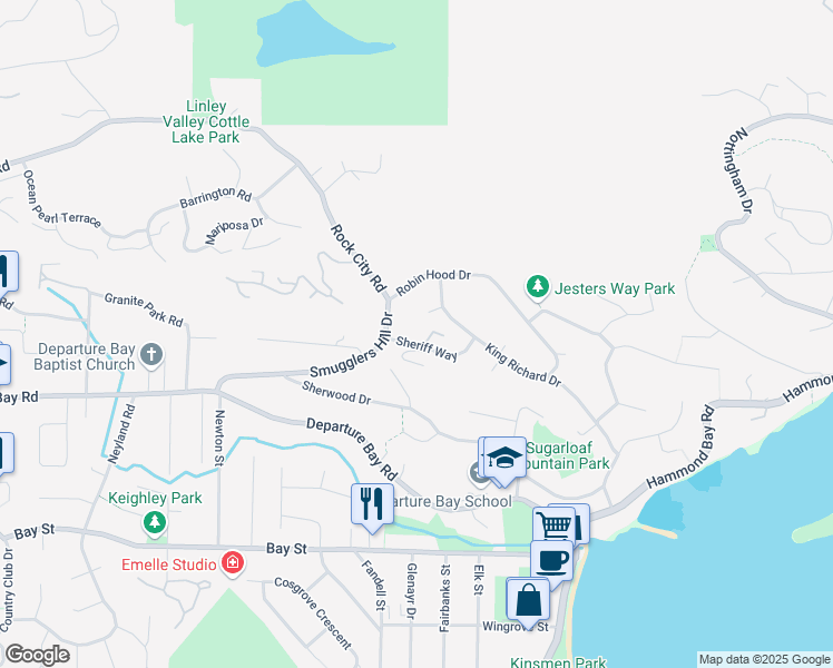 map of restaurants, bars, coffee shops, grocery stores, and more near 1661 Sheriff Way in Nanaimo