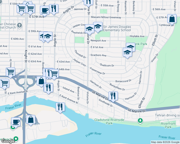 map of restaurants, bars, coffee shops, grocery stores, and more near 7962 Victoria Drive in Vancouver