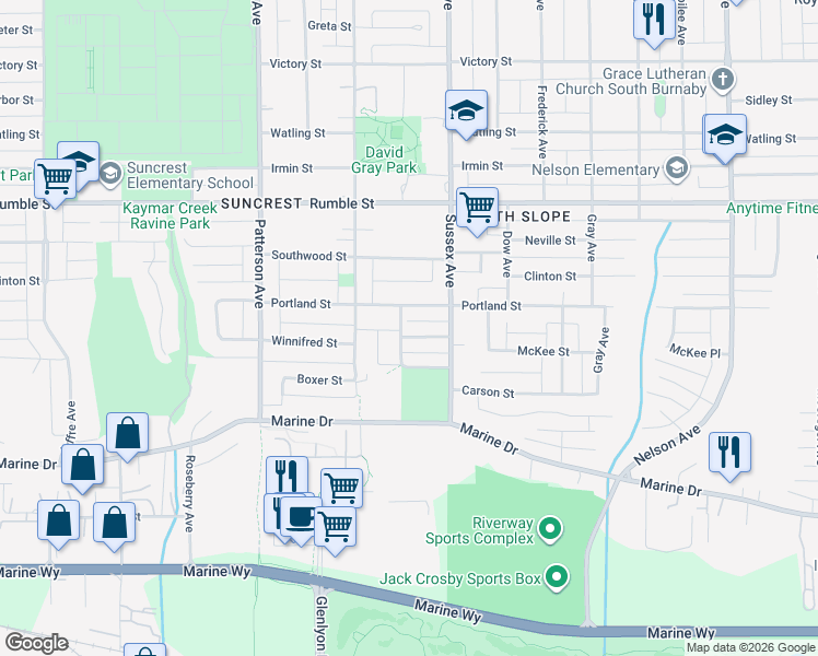 map of restaurants, bars, coffee shops, grocery stores, and more near 7990 Bradley Avenue in Burnaby
