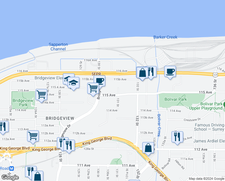 map of restaurants, bars, coffee shops, grocery stores, and more near 13085 115 Avenue in Surrey