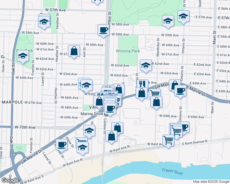 map of restaurants, bars, coffee shops, grocery stores, and more near 8080 Nunavut Lane in Vancouver