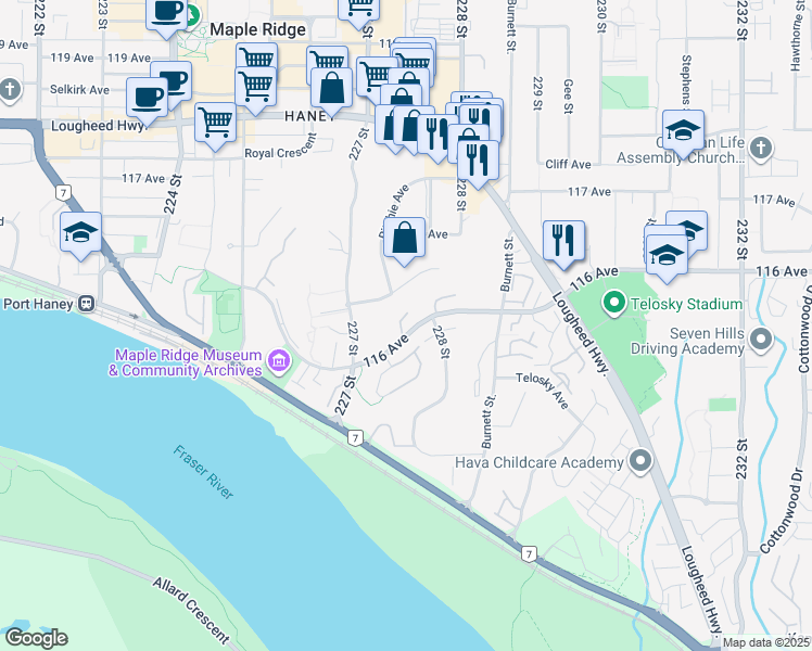 map of restaurants, bars, coffee shops, grocery stores, and more near 22783 116 Avenue in Maple Ridge