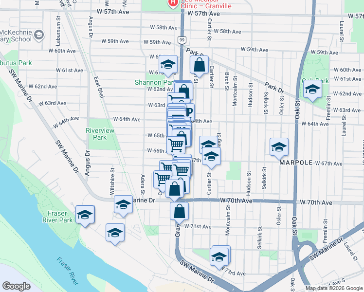 map of restaurants, bars, coffee shops, grocery stores, and more near 8176 Granville Street in Vancouver