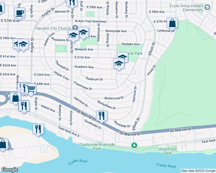 map of restaurants, bars, coffee shops, grocery stores, and more near 2249 Fraserview Drive in Vancouver