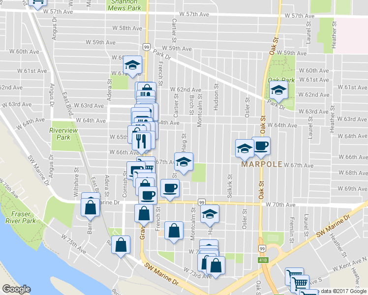 map of restaurants, bars, coffee shops, grocery stores, and more near 8162 Haig Street in Vancouver