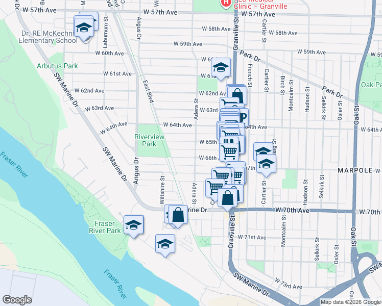 map of restaurants, bars, coffee shops, grocery stores, and more near 1605 West 66th Avenue in Vancouver