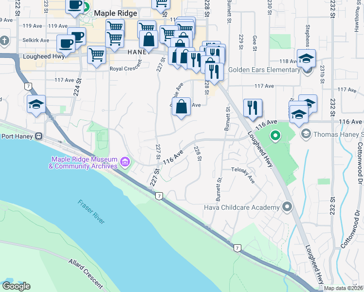 map of restaurants, bars, coffee shops, grocery stores, and more near in Maple Ridge