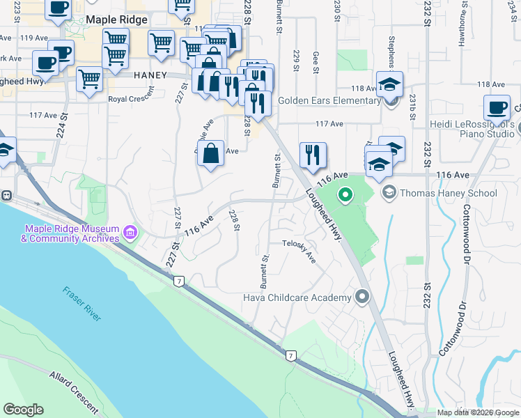 map of restaurants, bars, coffee shops, grocery stores, and more near in Maple Ridge