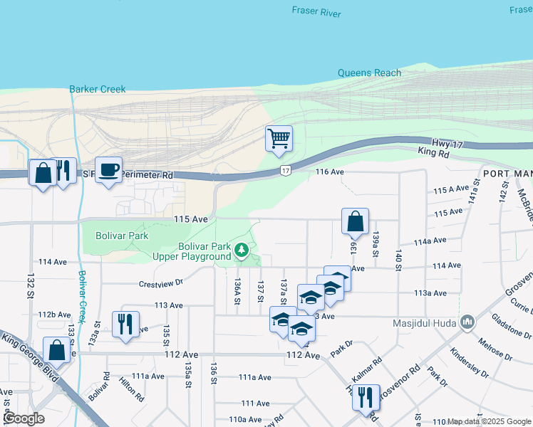 map of restaurants, bars, coffee shops, grocery stores, and more near 13715 115 Avenue in Surrey
