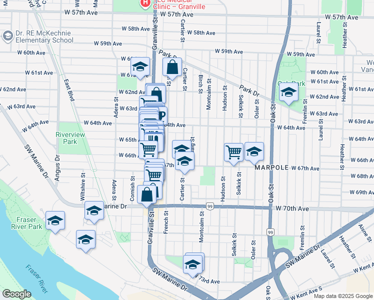 map of restaurants, bars, coffee shops, grocery stores, and more near 8182 Cartier Street in Vancouver