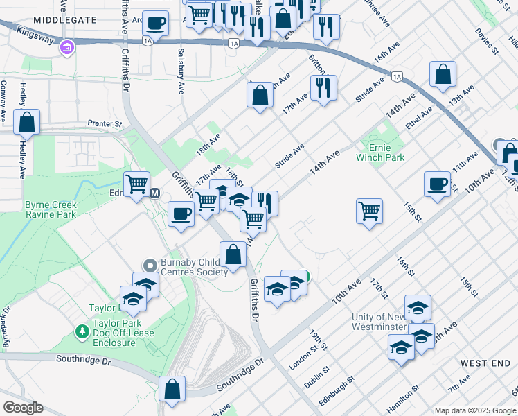 map of restaurants, bars, coffee shops, grocery stores, and more near 7101 14th Avenue in Burnaby