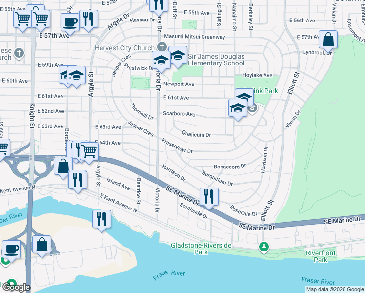 map of restaurants, bars, coffee shops, grocery stores, and more near in Vancouver
