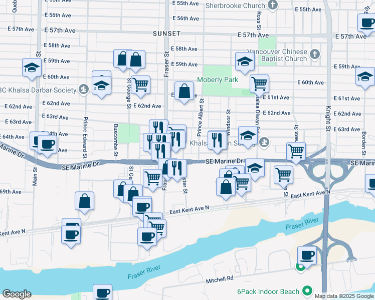 map of restaurants, bars, coffee shops, grocery stores, and more near in Vancouver