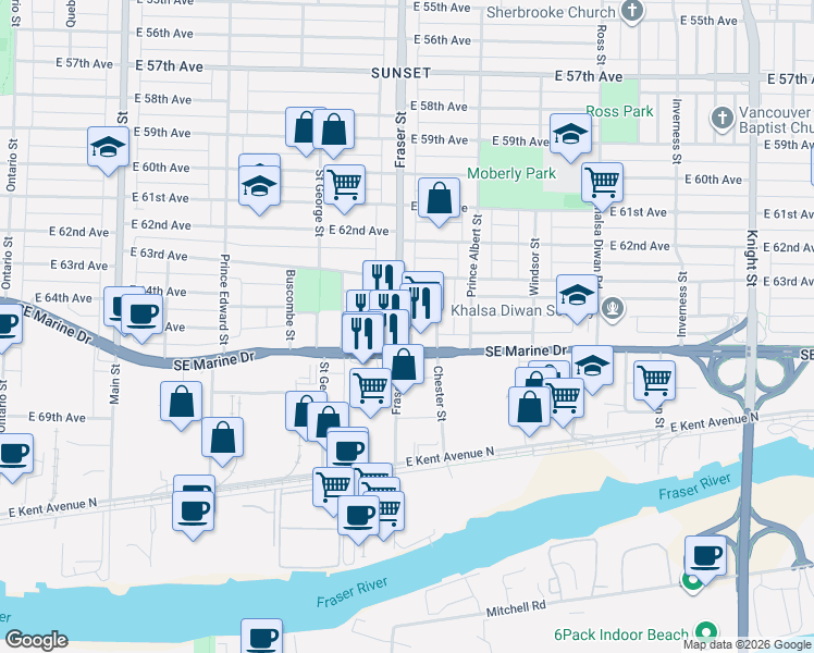map of restaurants, bars, coffee shops, grocery stores, and more near in Vancouver