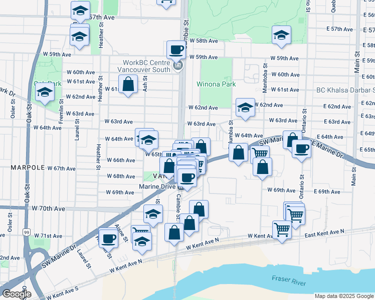 map of restaurants, bars, coffee shops, grocery stores, and more near in Vancouver