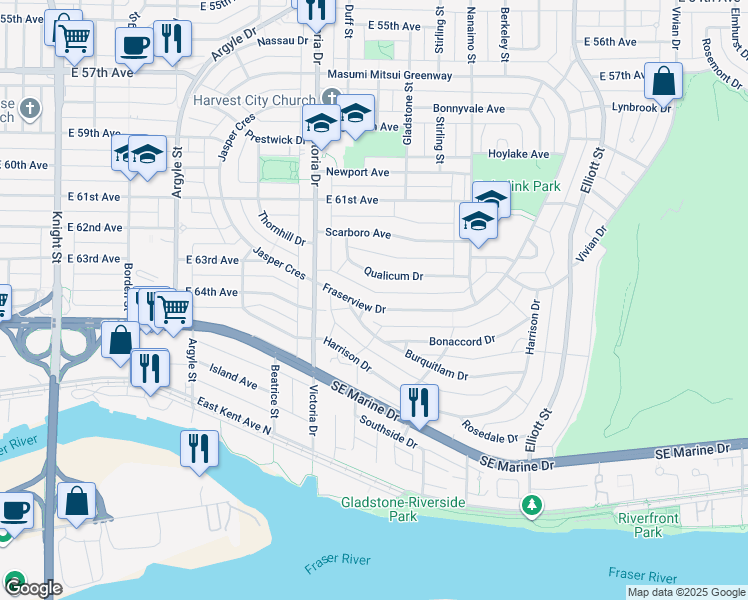 map of restaurants, bars, coffee shops, grocery stores, and more near 2131 Fraserview Drive in Vancouver