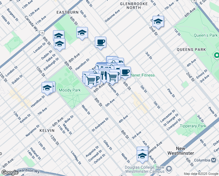 map of restaurants, bars, coffee shops, grocery stores, and more near 708 6th Avenue in New Westminster