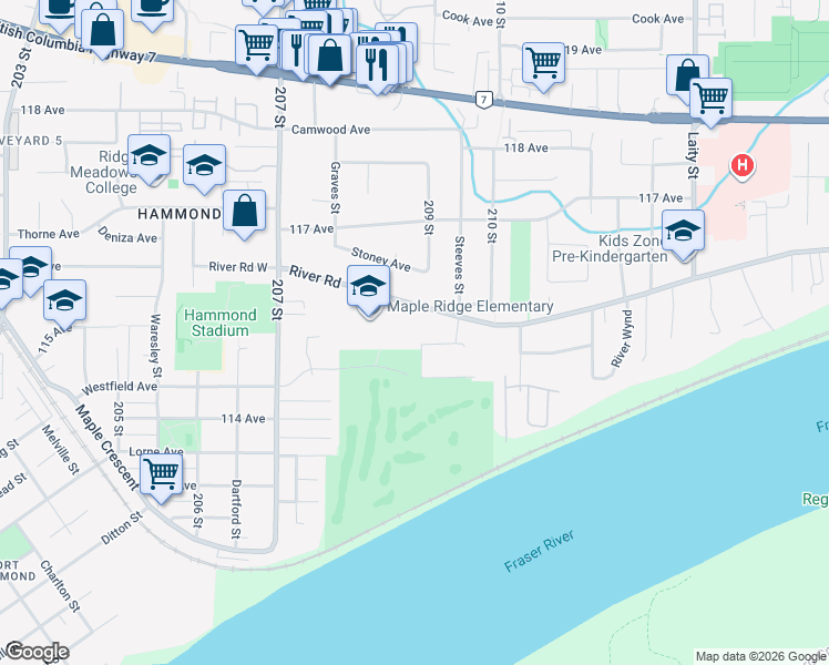 map of restaurants, bars, coffee shops, grocery stores, and more near 20820 River Road in Maple Ridge