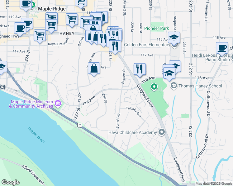 map of restaurants, bars, coffee shops, grocery stores, and more near 11519 Burnett Street in Maple Ridge